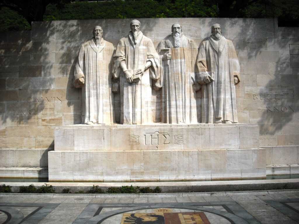 Reformation Wall in Geneva with statues of Farel, Calvin, Beza and Knox