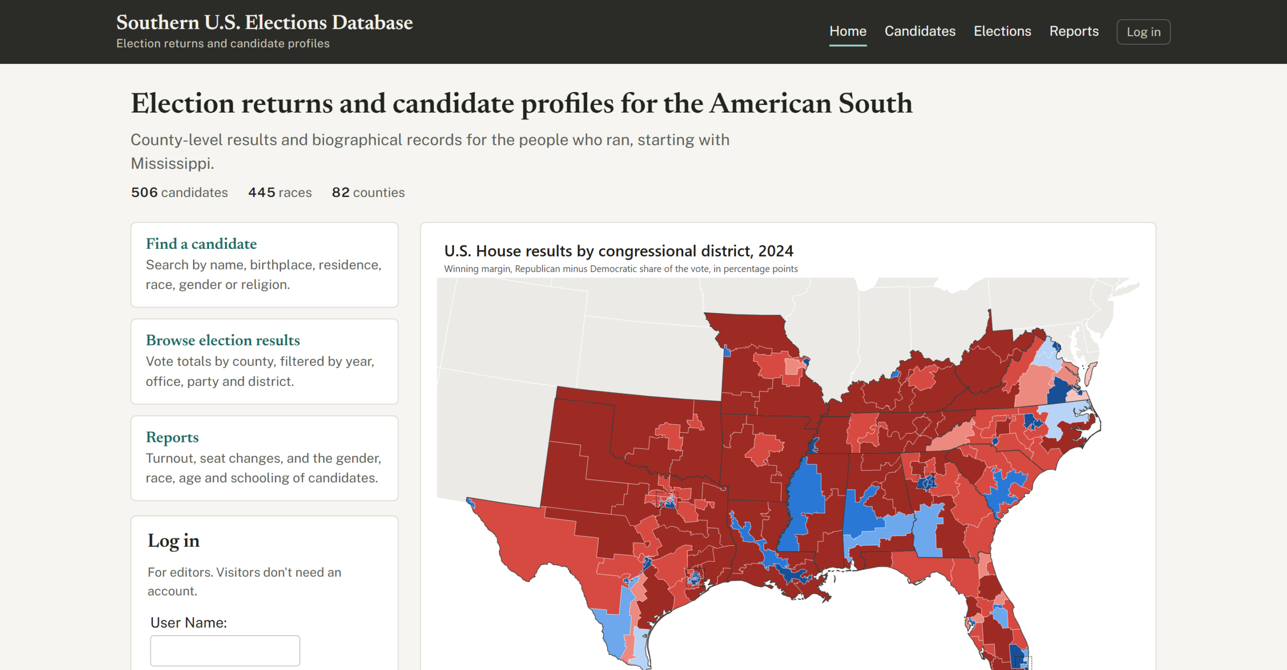 Home page of the Southern U.S. Elections Database with a 2024 congressional district results map